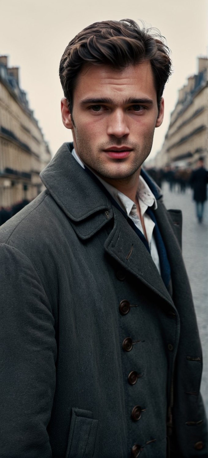 a depressed scholar wandering, ((sean o pry)), handsome french man, victorean era, outdoors, standing in a parisian street (1800s), wearing rugged coat, dirty, porverty, homeless, dark academia, industrial era, Prince Lev Nikolayevich Myshkin, regency era, sophisticated, photorealistic, photography, stubble, scruffy face, youthful, 18 years old, hot, thin, perfect eyes, alpha male, masculine, 8k, realistic, defined jawline, dark cinematic lighting, very dramatic scene, masterpiece, pale skin, more detail XL,  8k uhd, dslr, global lighting, high quality, Fujifilm XT3, sharp focus, emitting diodes, Movie Still, (vacations, high resolution:1.3), (small, selective focus, european film:1.2), (sexual advance:1.1), cowboy_shot