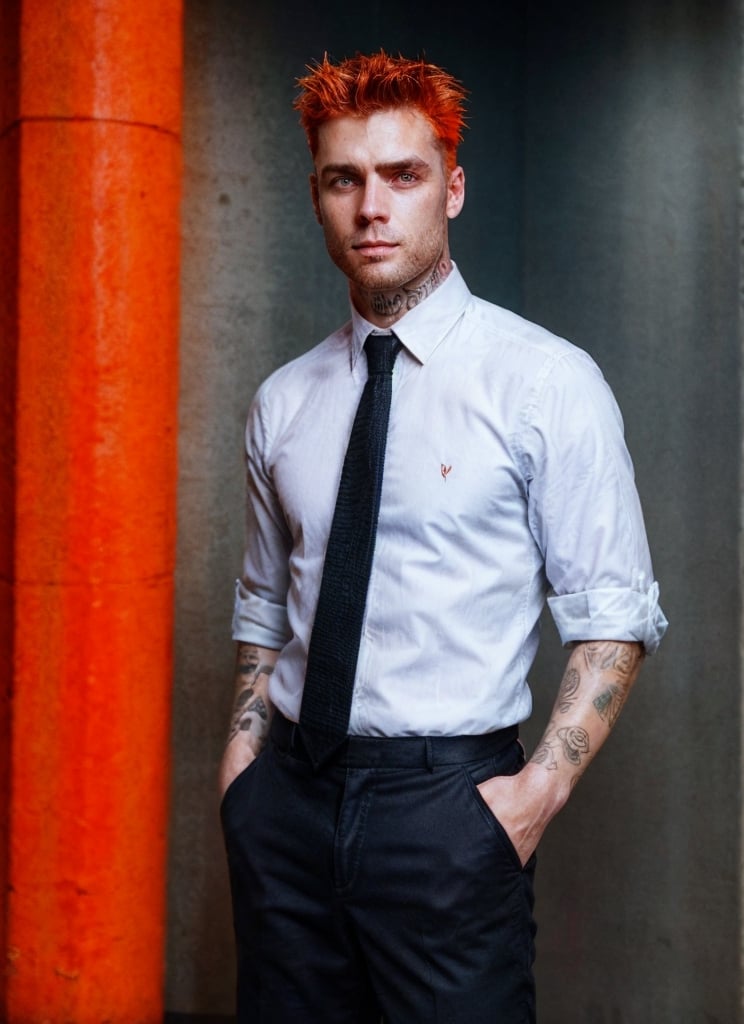 thin corporate man, handsome, facial hair, old skool, 1990s, 1guy, tattoos, vibes, hot, tie, trousers, business core, punk, cyberpunk, piercing, photography, simple_background, orange hair, detailed, HD, realistic, full lighting, looking at the viewer, European male