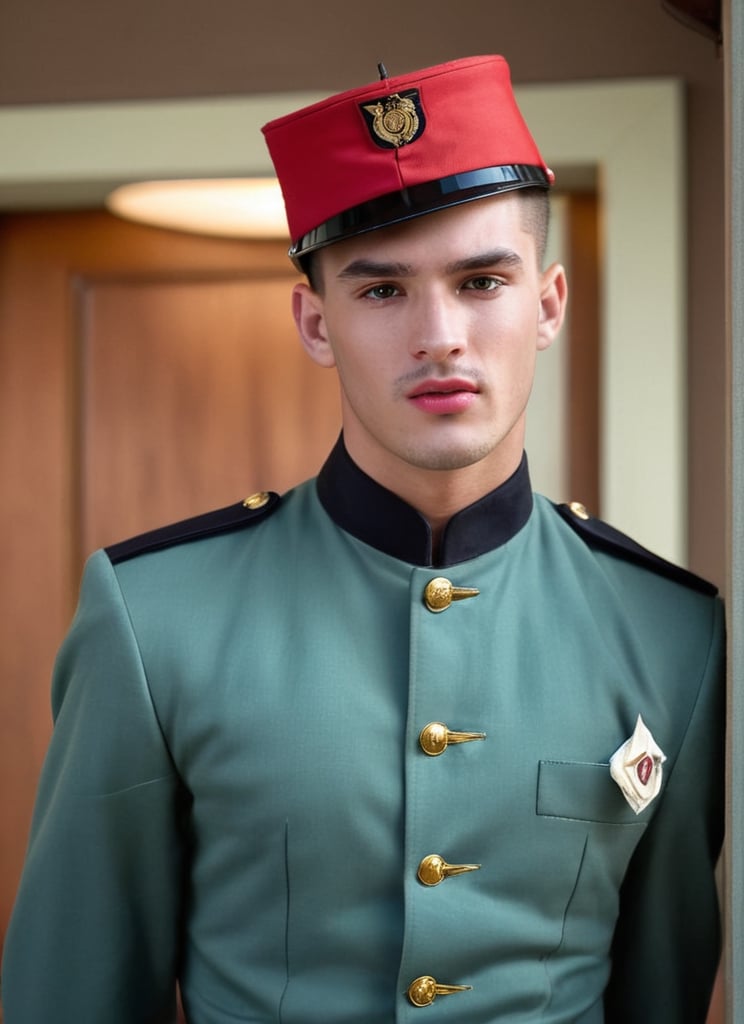 image of a (18 years old causcasian thin handsome hotel staff, bellboy, valet, young man, service boy, messy_hair, stubble, red classical valet uniform with a bellboy cap, with a regency touch, mid-modern century), sleazy, skinny, pale skin, thick eyebrows, freckles, blushed cheek, defined jawline, youthful, manly, 1950s (style), HQ, 8k, realistic, photorealistic, cinematic lighting, aesthetic, emotional, very original, new, newest, very creative, dramatic, male focus, absurd res, perspective, detailed background, background blur, focus, handsome male, Gen X Club, male, cinematic moviemaker style,abmhandsomeguy, showing his face and cock,showing his face and cock