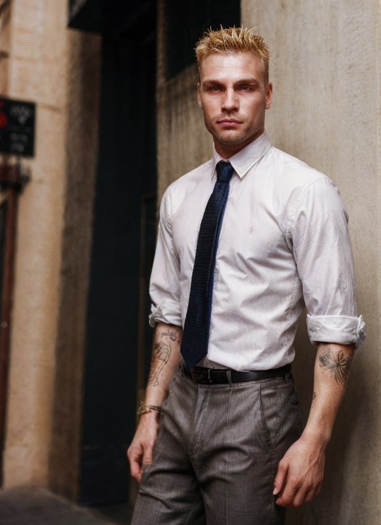 thin corporate man, handsome, facial hair, old skool, 1990s, 1guy, tattoos, vibes, hot, tie, trousers, business core, punk, cyberpunk, piercing, nose piercing, photography, simple_background, blonde hair, detailed, HD, realistic, full lighting, looking at the viewer, European male, rockstar