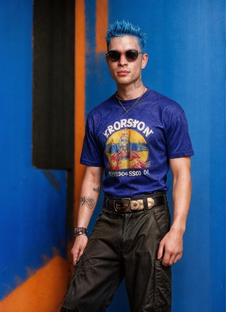 thin rockstar man, handsome, Gen X soft Club, old skool, 1990s, 1guy, tattoos, vibes, hot, sports graphic tee, jnco cargo pants, studded belt, photography, flash, blue hair, detailed, HD, realistic, full lighting, looking at the viewer, European male