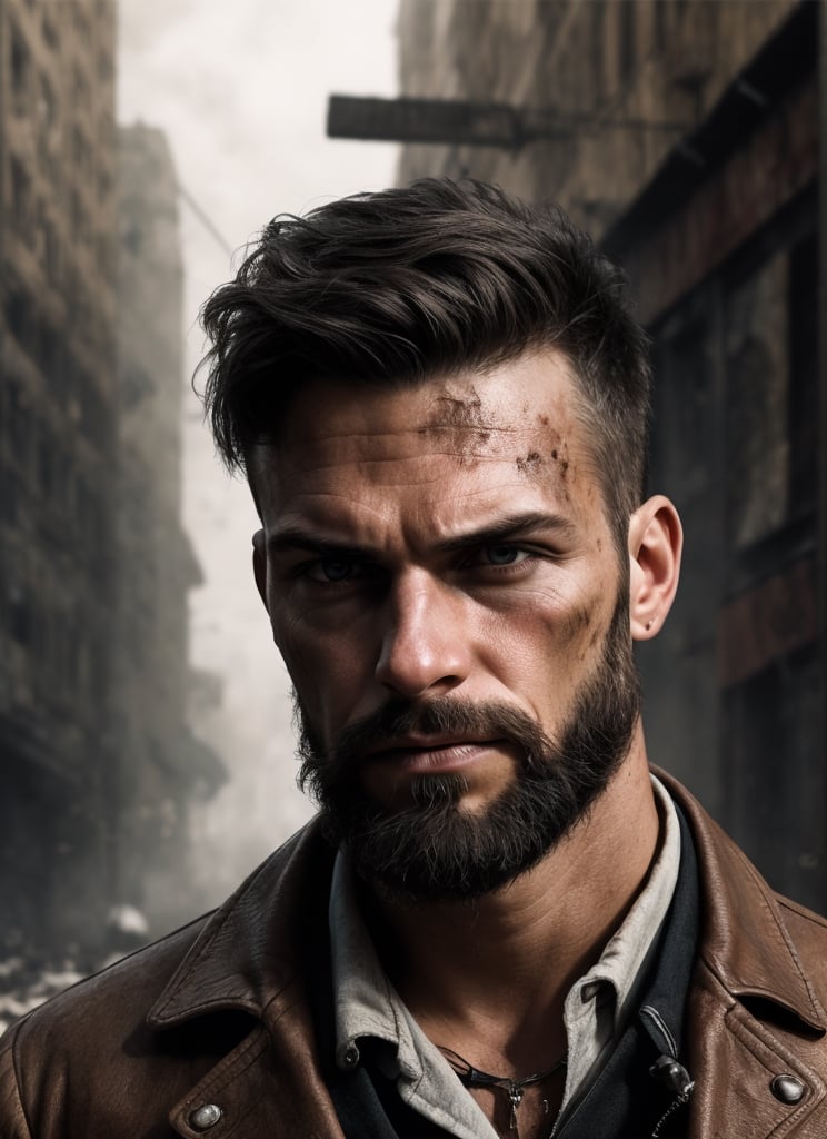 image of a thin punk man in a middle of an apocalypse, retro, post-apocalyptic, messy_hair, stubble, steampunk clothes, dark fantasy, sleazy, defined jawline, very crooked nose, mature, manly, old skool, cybercore, HQ, 8k, realistic, photorealistic, cinematic lighting, moving, emotional, very original, new, newest, very creative, male focus, post-apocalypic_fashion, absurd res, perspective, detailed background, background blur, focus, handsome male, Gen X Club