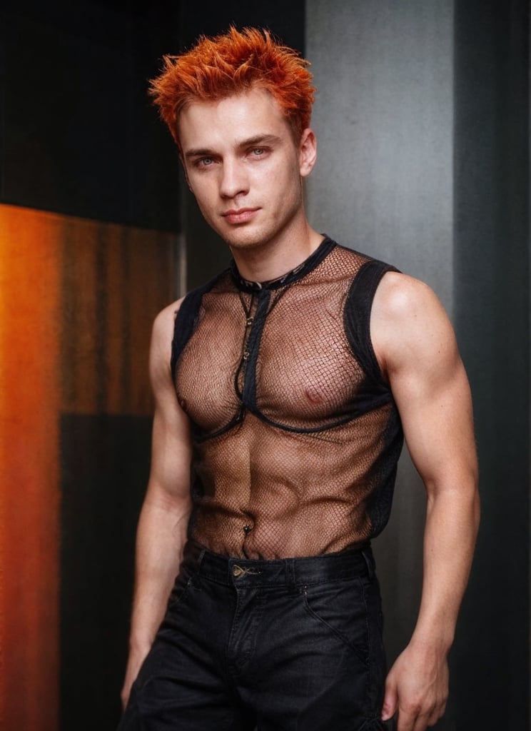 thin rockstar man, handsome, Gen X soft Club, old skool, 1990s, 1guy, tattoos, vibes, hot, sleeveless fishnet shirt, jnco cargo pants, studded belt, spike collar, piercing, photography, simple_background, orange hair, detailed, HD, realistic, full lighting, looking at the viewer, European male, futuristic, teenage spirit