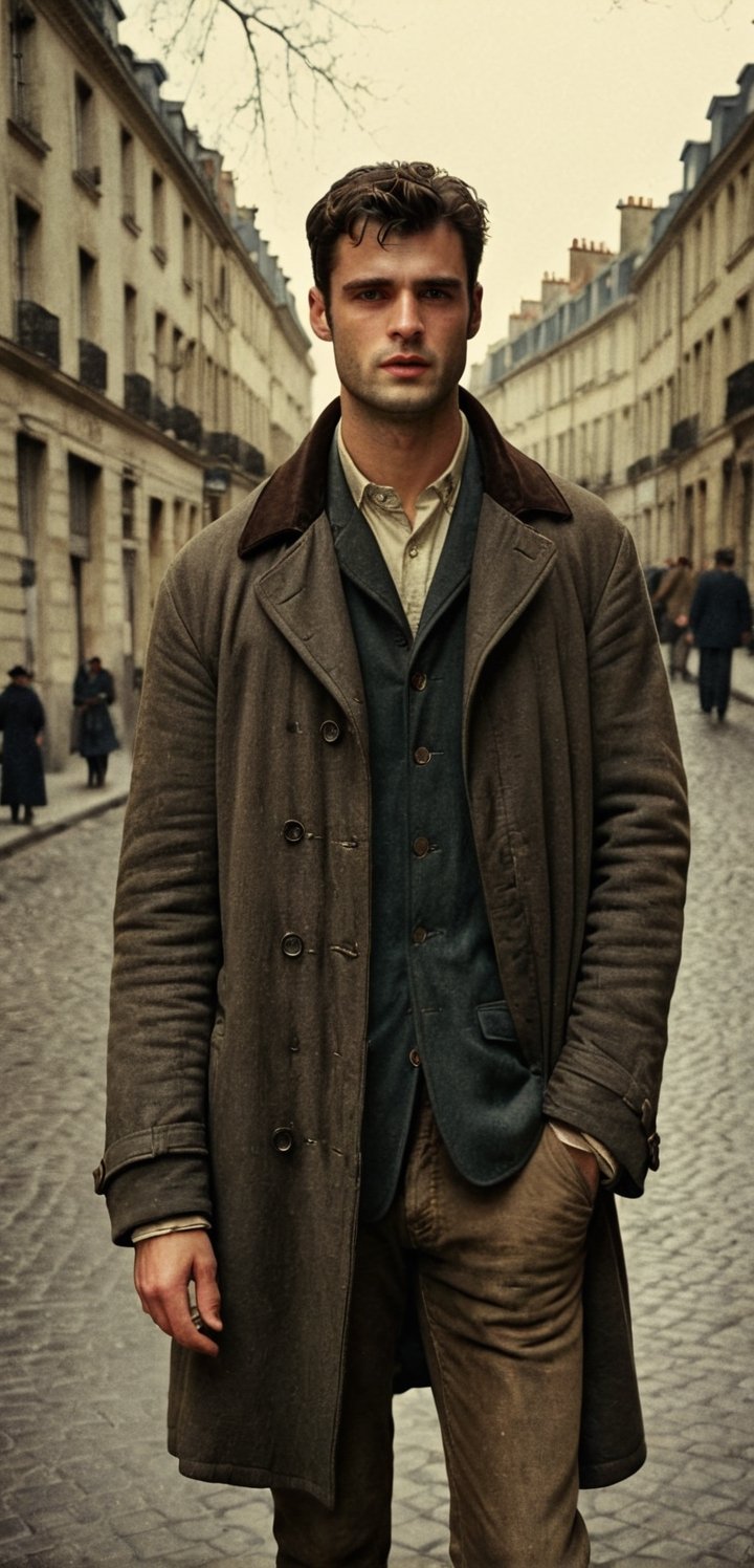 a depressed scholar wandering, ((sean o pry)), handsome french man, victorean era, outdoors, standing in a parisian street (1800s), wearing rugged coat, dirty, porverty, homeless, dark academia, industrial era, Prince Lev Nikolayevich Myshkin, fyodor dostoevsky, regency era, sophisticated, photorealistic, photography, stubble, scruffy face, youthful, 18 years old, hot, thin, perfect eyes, alpha male, masculine, 8k, realistic, defined jawline, dark cinematic lighting, very dramatic scene, masterpiece, pale skin, more detail XL,  8k uhd, dslr, global lighting, high quality, Fujifilm XT3, sharp focus, emitting diodes, Movie Still, (vacations, high resolution:1.3), (small, selective focus, european film:1.2), (sexual advance:1.1), cowboy_shot, analog