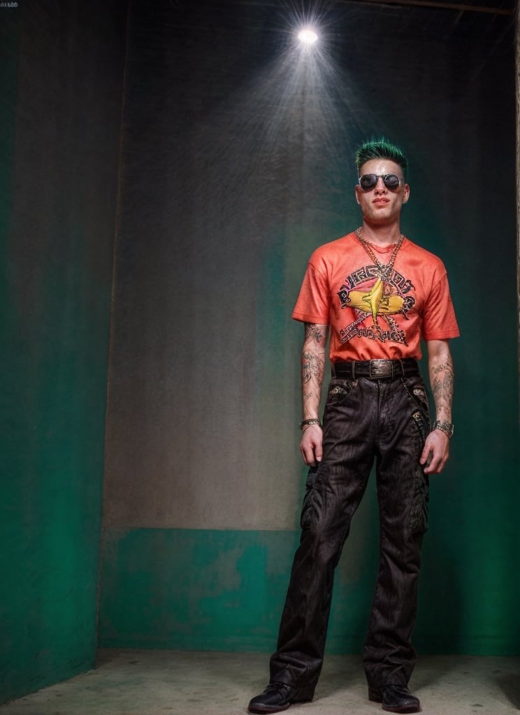 thin rockstar man, handsome, Gen X soft Club, old skool, 1990s, 1guy, tattoos, vibes, hot, sports graphic tee, jnco cargo pants, studded belt, photography, flash, green hair, detailed, HD, realistic, full lighting, looking at the viewer