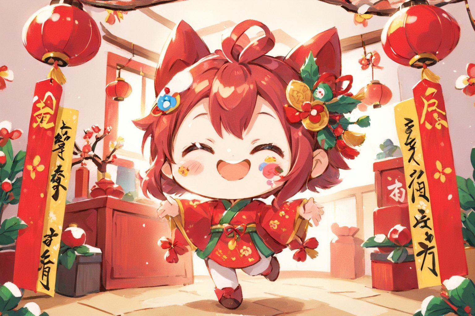 The Q-version animated girl stands in a comfortable room covered with Spring Festival couplets and red lanterns, smiling and congratulating the audience on the New Year.,sticker,ral-chrcrts