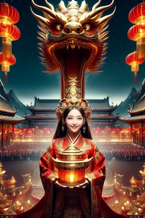 (masterpiece, high quality:1.5), Vibrant, detailed, high-resolution, artistic, majestic, magnificent, elaborate detail, awe-inspiring, splendid, celebratory, 
1 girl, China Tang Dynasty costumes, elegant, traditional, culturally rich, 
night sky, grand fireworks display, glowing red lanterns, cultural heritage, festive atmosphere, ancient cityscape, traditional architecture, 
(Giant golden dragon:1.1), flying dragon in the sky, large, majestic, overwhelming presence, by FuturEvoLab, historical, mythical, dynamic, visually striking, Exquisite face,
