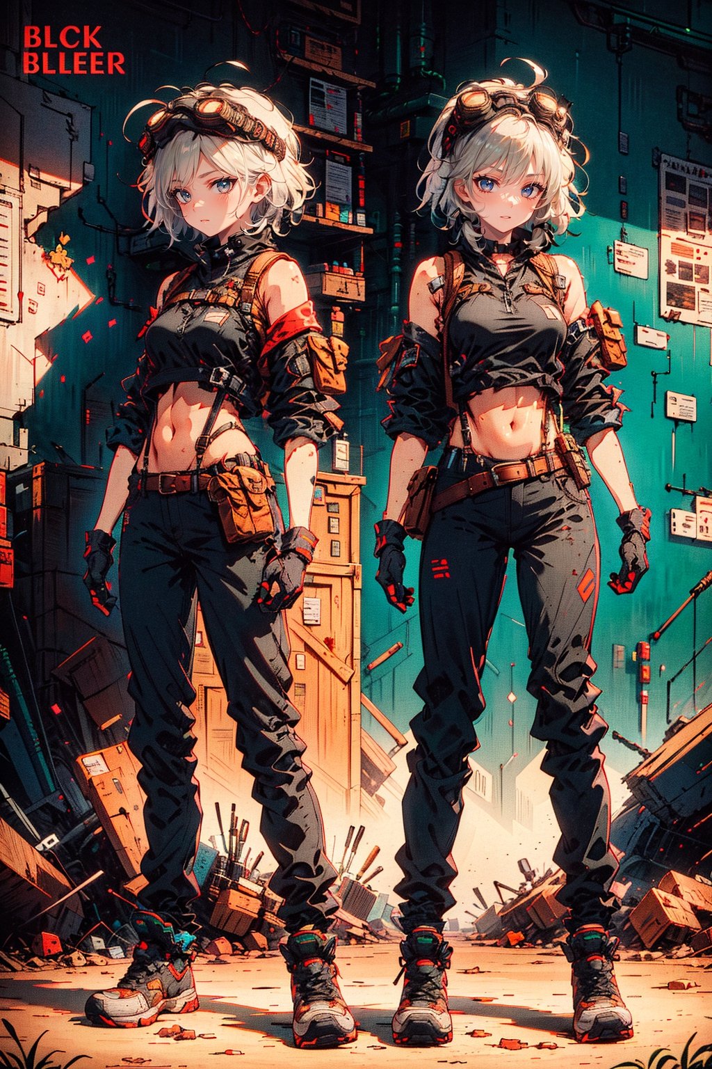 1girl, breasts, looking at viewer, short hair, bangs, gloves, navel, bare shoulders, medium breasts, standing, full body, ahoge, white hair, grey hair, parted lips, shoes, black gloves, elbow gloves, midriff, belt, pants, fingerless gloves, character name, english text, crop top, grey eyes, multiple views, black pants, suspenders, goggles, sneakers, pouch, reference sheet, character profile