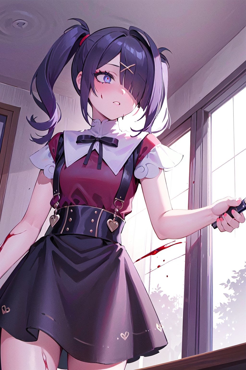 ((masterpiece,best quality)), 1girl, amechan, hair over one eye, red symbol-shaped pupils, holding knife, blood, shaded face, from below,purple_eyes
