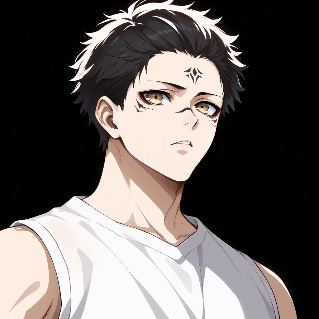 score_9, score_8_up, score_7_up, source_anime, (semi-realistic:1.2), BREAK, 1boy, seishiro_nagi, perfect face, muscle, pale skin, black hair, yellow eyes, red_eyeliner, neutral expression, face tattoo BREAK, (portrait:1.4), simple black background, 