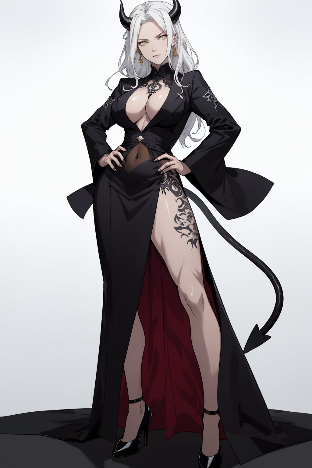 VisualAnime, dynamic_pose, dojo background, lucifer from helltaker, best job, masterpiece, full_body, adult, sexy dress, heels, long hair, white hair, woman, mature, large breasts, horns, ((yellow eyes)), full_body, stern, spaded tail, demon tail, navel tattoo, milf, one person