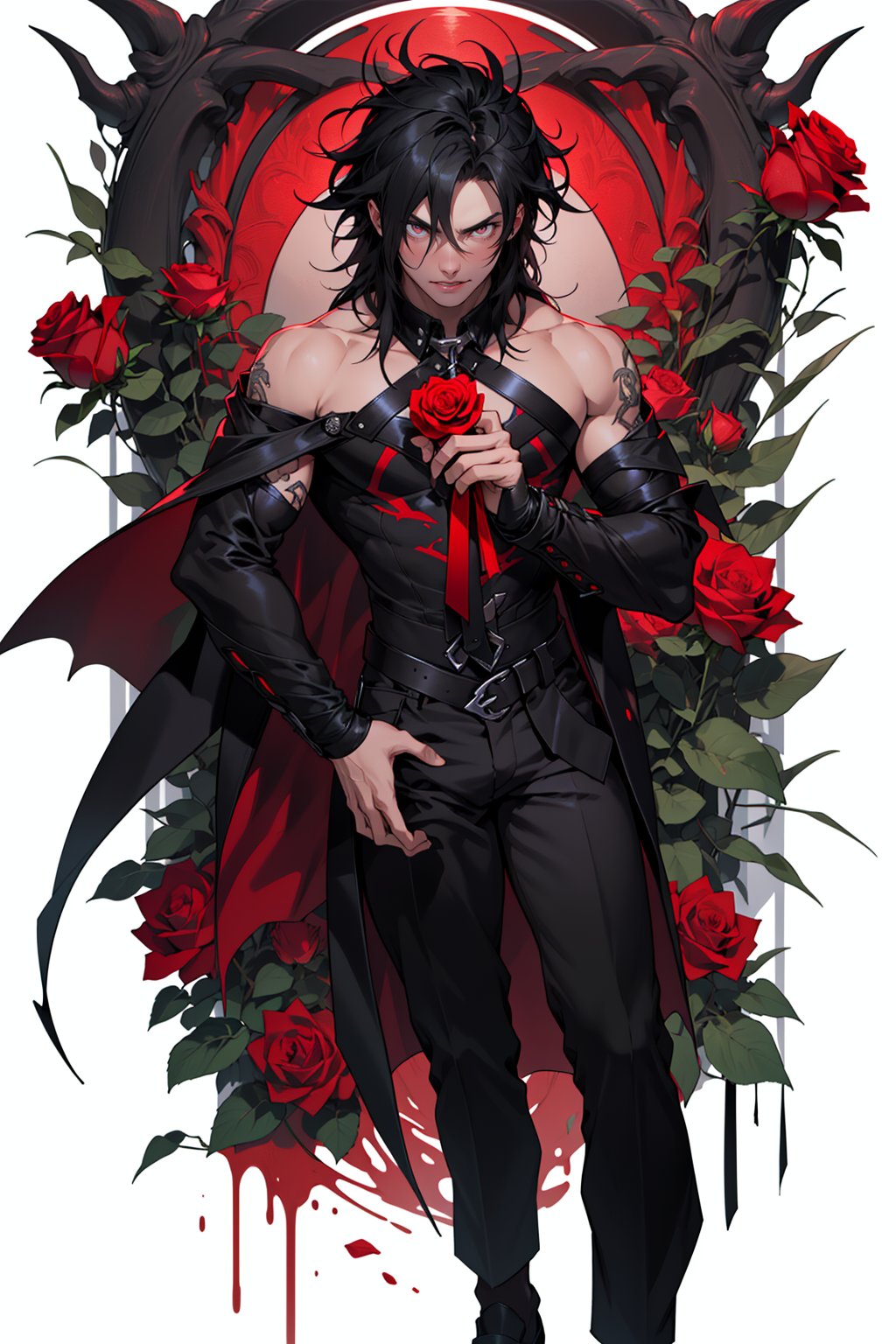 masterpiece, best results, full_body, man, ((black hair, shoulder length hair, messy hair)), ((red eyes, crimson eyes, bright eyes)), vampire, arrogant, vampire fangs, holding a rose,1guy, thin