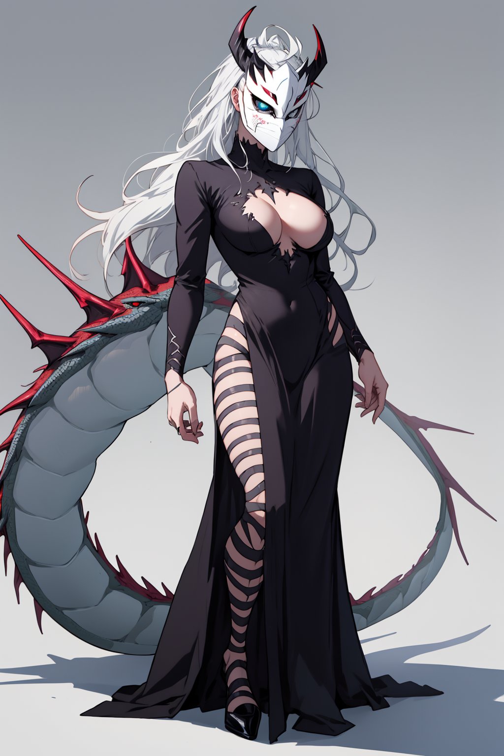 lucifer from helltaker, adult, long hair, white hair, woman, light blue eyes, mature, large breasts, full_body,hollowfication, dragon mask