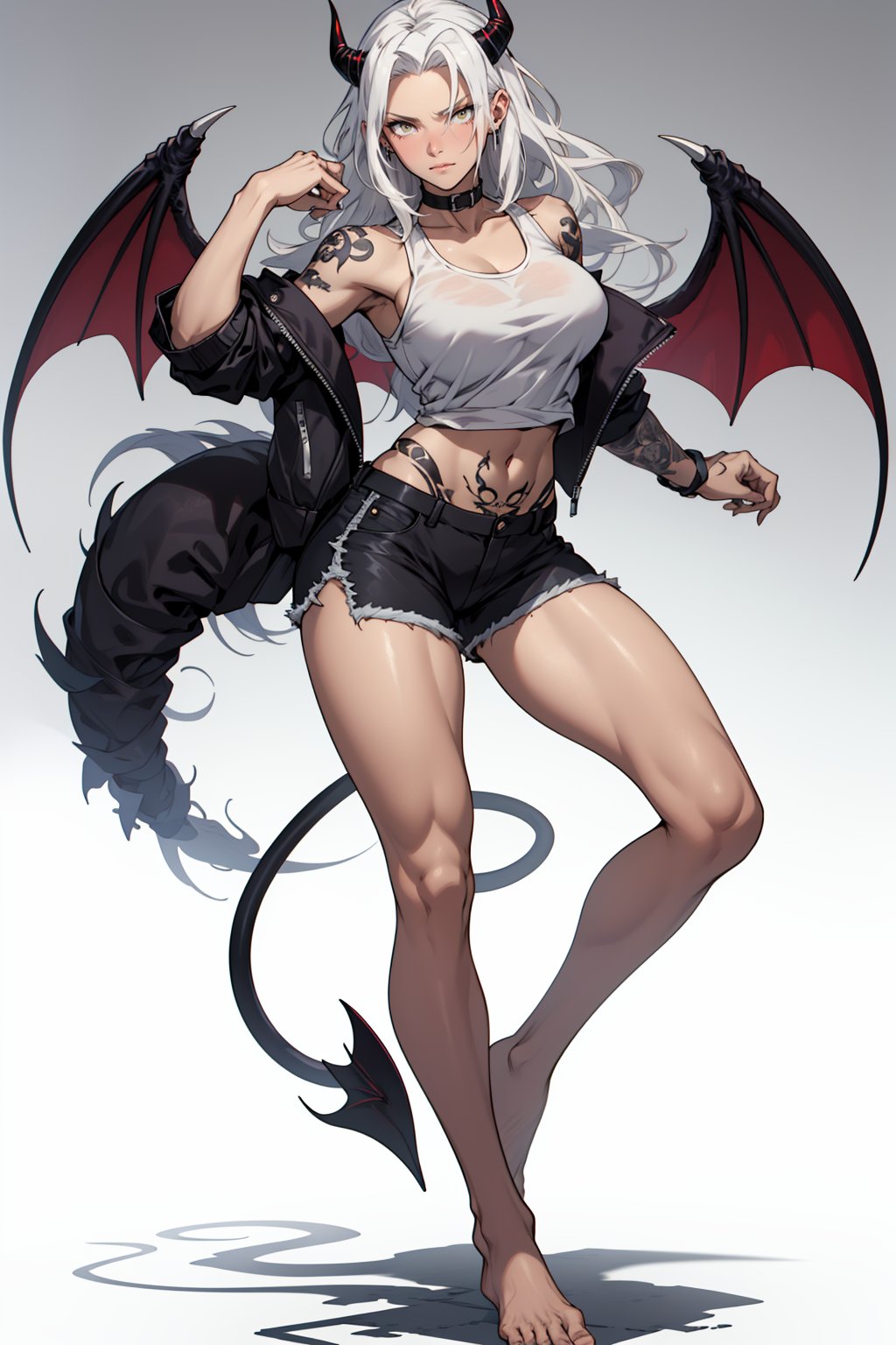 VisualAnime, dynamic_pose, dojo background, lucifer from helltaker, best job, masterpiece, full_body, adult, tanktop, shorts, barefoot, long hair, white hair, woman, mature, large breasts, horns, ((yellow eyes)), full_body, stern, spaded tail, demon tail, navel tattoo, milf, one person