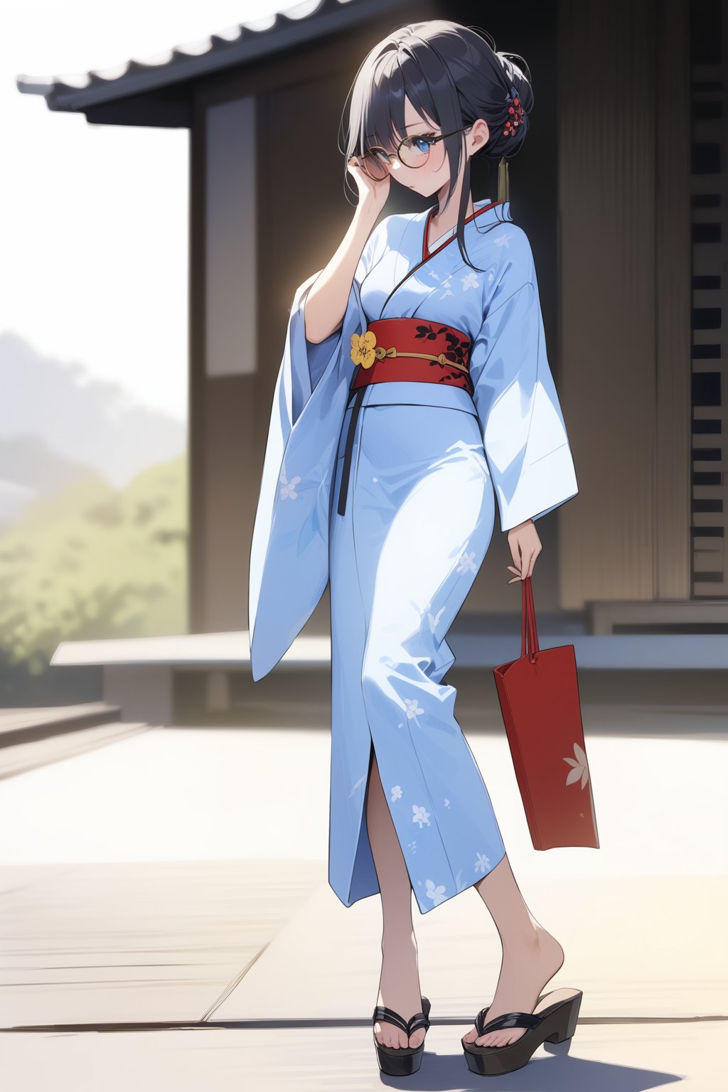 woman, stoic, black hair, long hair, blue eyes, glasses, medium breasts, kimono, sandals, styled hair, masterpiece, full_body