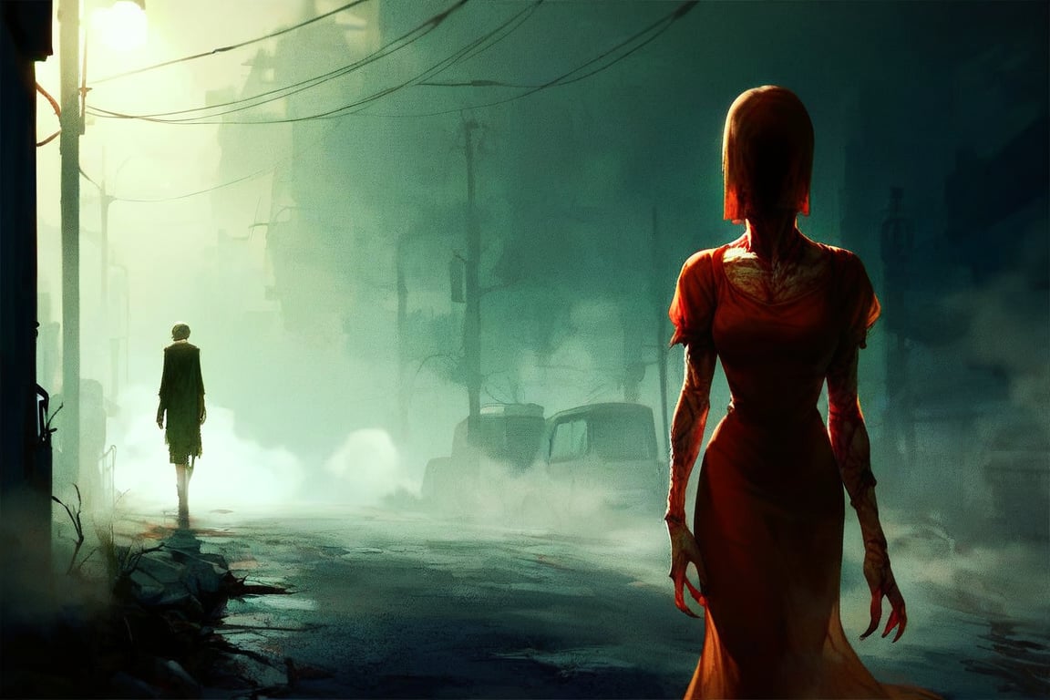 Score_9, score_8_up, score_8_up,1girl, night club dress, walking along a deserted street in silent hill city, fog, smoke, unclear shadows of monsters in the depths of the fog, translucent images, fear, horror, silent hill,Sairento Hiru style,