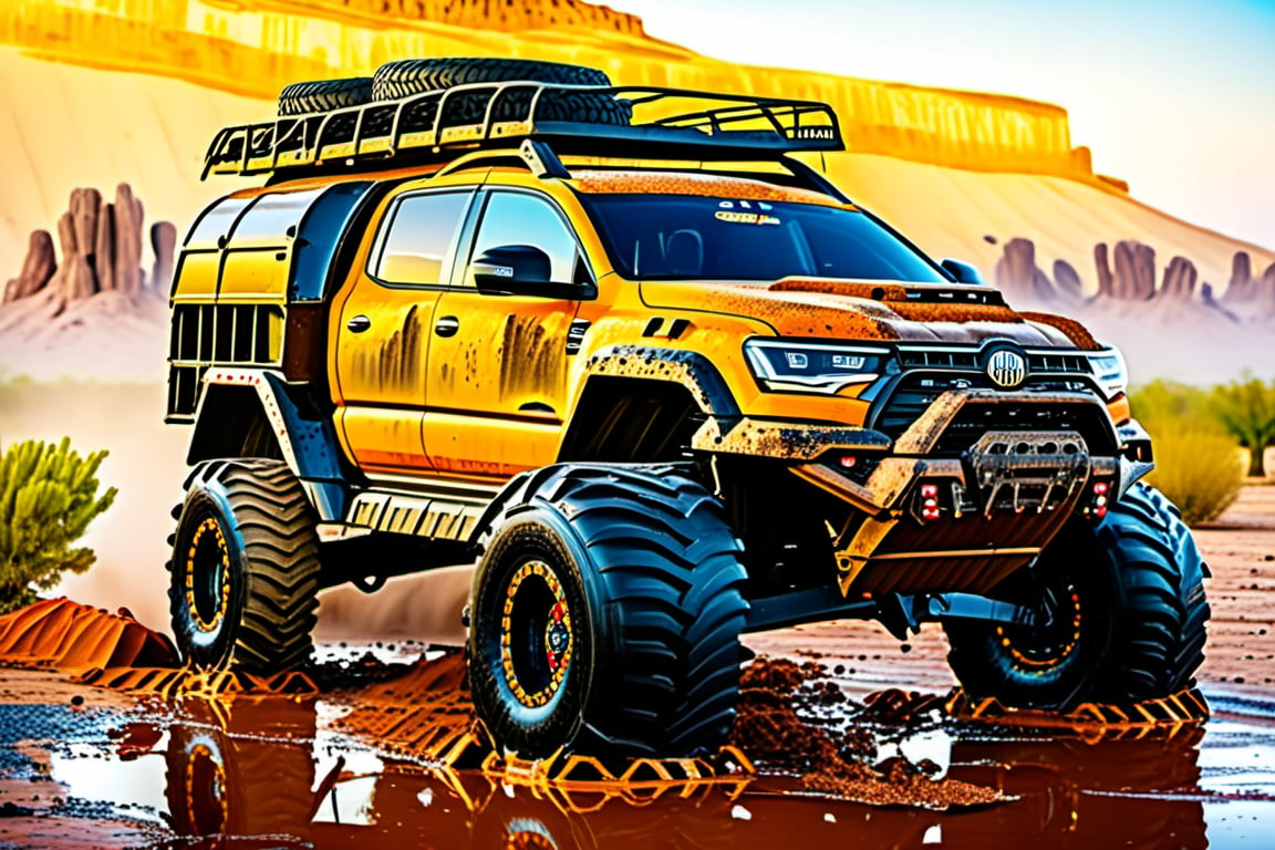 car on big wheels from Big Foot, mud tires, large bullbar, roof rack, driving through  the desert,  scrap metal,rusty car,crossout craft,