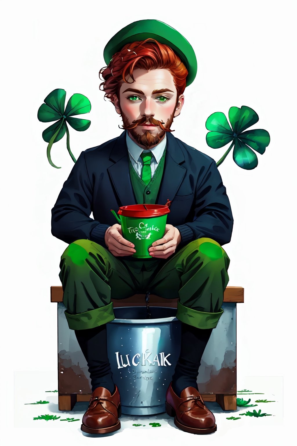 watercolor drawing of a bearded red leprechaun in national Irish clothes, at his feet there is a pot of gold with the inscription “Luck”, pestel colors, beautiful design, style wtrcolor,WtrClr,watercolor,highres,child_draw,edgShamrock,Beard2Alpha,redhead