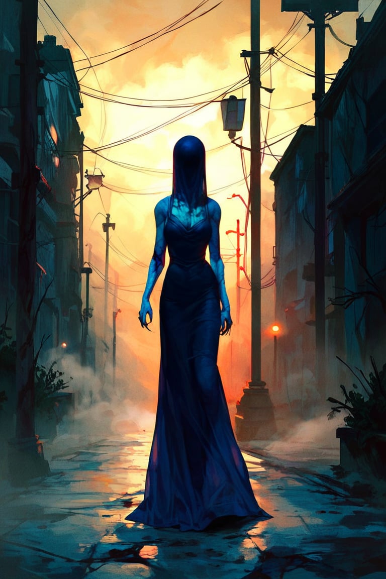 Score_9, score_8_up, score_8_up,1girl, night club dress, walking along a deserted street in silent hill city, fog, smoke, unclear shadows of monsters in the depths of the fog, translucent images, fear, horror, silent hill,Sairento Hiru style,