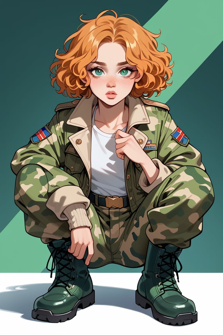 score_9, score_8_up, score_7_up, score_6_up, rating explicit, 1 girl, 20 y o, 

thin, curly orange hair of medium length, large nose, small lips, green eyes, no makeup, wearing a green camouflage jacket, a white top is visible under the jacket, wearing green camouflage pants, wearing army boots,