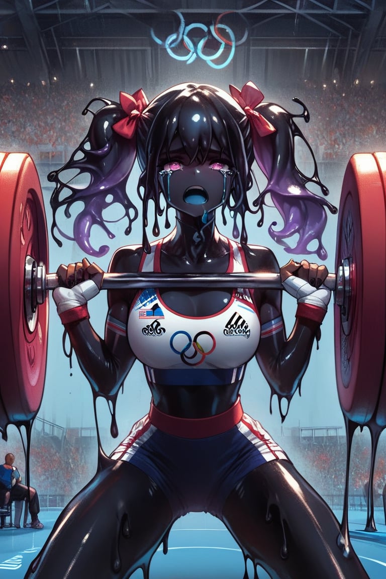  8k, 1girl, a holographic goo slime Olympic weightlifter, in squat position, holding colossal barbell, 

 score_9, score_8_up, score_7_up, semi-realistic,  (transparency:1.4), (inky black goo_girl:1.4), (black goo:1.4), eldritch slime, black tar, (transparent_body:1.4), slime core, monster girl, black skin, goo skin, slime skin, transparent skin,

,((weightlifting failure)), ((holding barbell)),((olympic rings symbol)),athletes uniforms, sports shorts,sweat, crying, olympic venues, stadium,motion lines, crowd in distant stands,official scorer, cinematic light,cheering, fingerless gloves, 1girl,petite figure, head down,score_9,score_8_up,score_7_up,score_6_up,source_anime,Expressiveh,concept art,dark theme