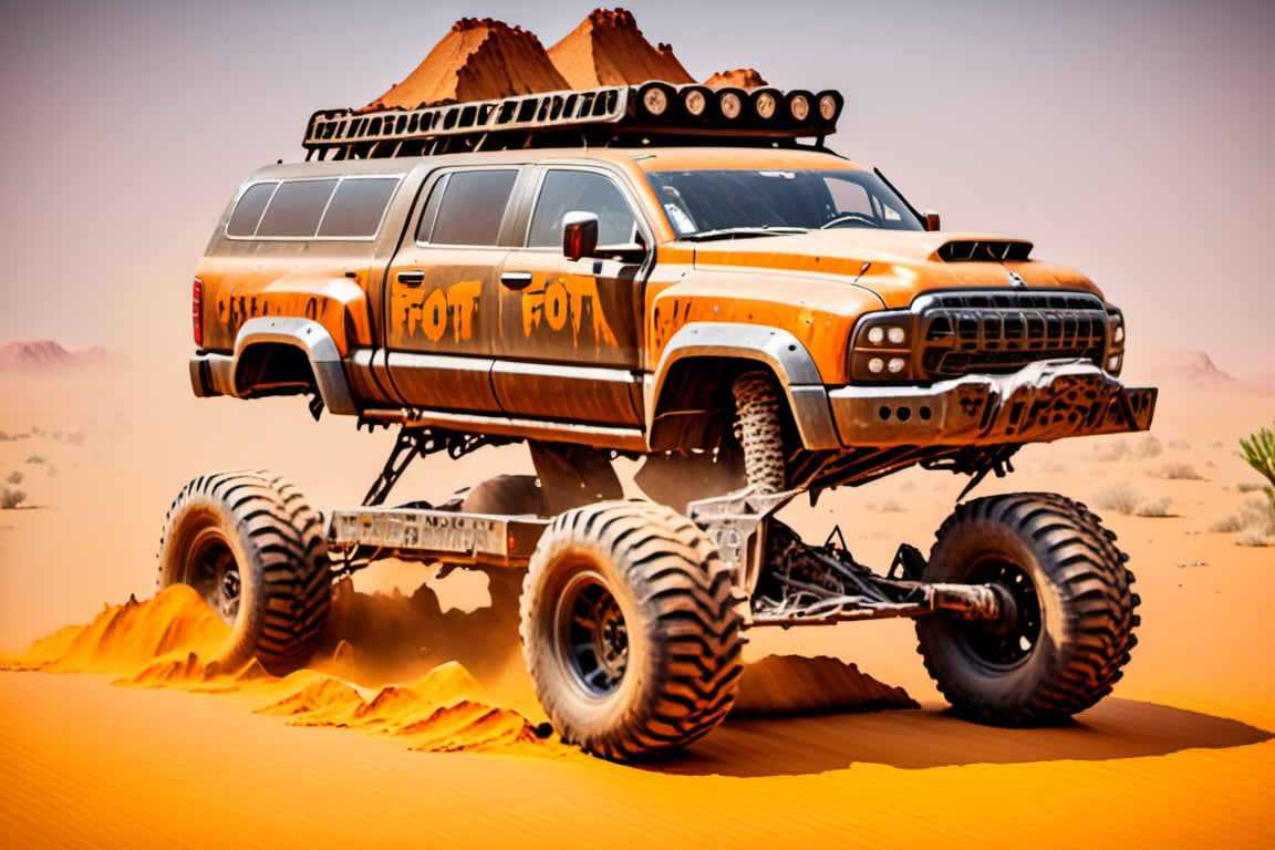 car on big wheels from Big Foot, mud tires, large bullbar, roof rack, driving through  the desert,  scrap metal,rusty car,crossout craft,