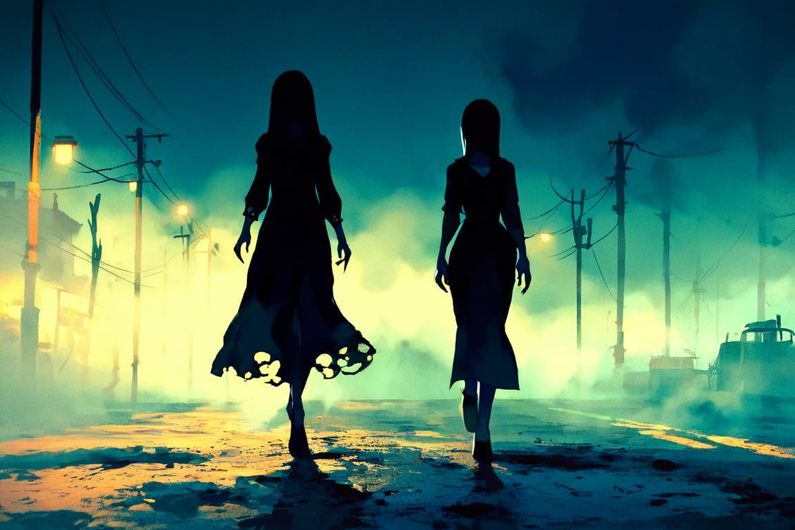 score_9, score_8_up, score_8_up,1girl, night club dress, walking along a deserted street in silent hill city, fog, smoke, unclear shadows of monsters in the depths of the fog, translucent images, fear, horror, silent hill,Sairento Hiru style,