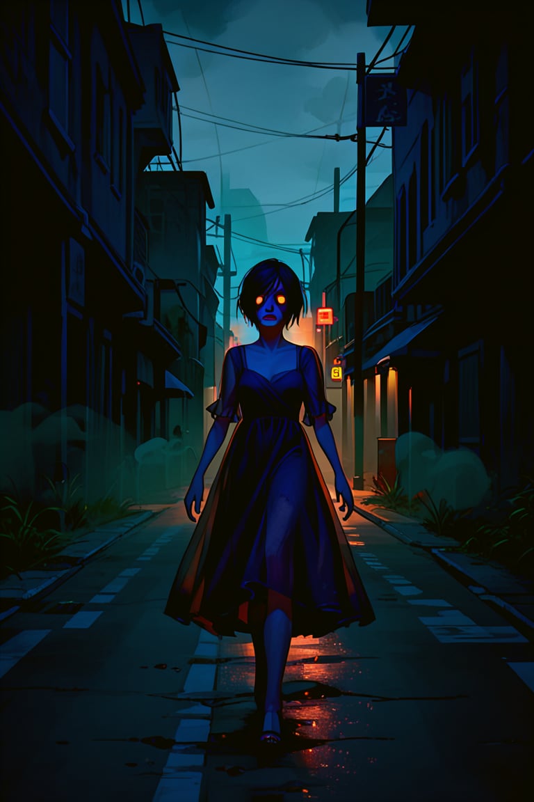 score_9, score_8_up, score_8_up,1girl, night club dress, walking along a deserted street in silent hill city, fog, smoke, unclear shadows of monsters in the depths of the fog, translucent images, fear, horror, silent hill,Sairento Hiru style,Elena, portrait, 