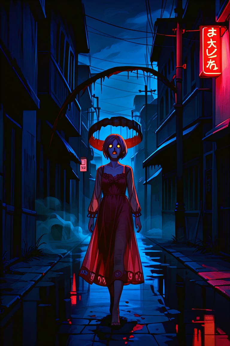 score_9, score_8_up, score_8_up,1girl, night club dress, walking along a deserted street in silent hill city, fog, smoke, unclear shadows of monsters in the depths of the fog, translucent images, fear, horror, silent hill,Sairento Hiru style,Elena