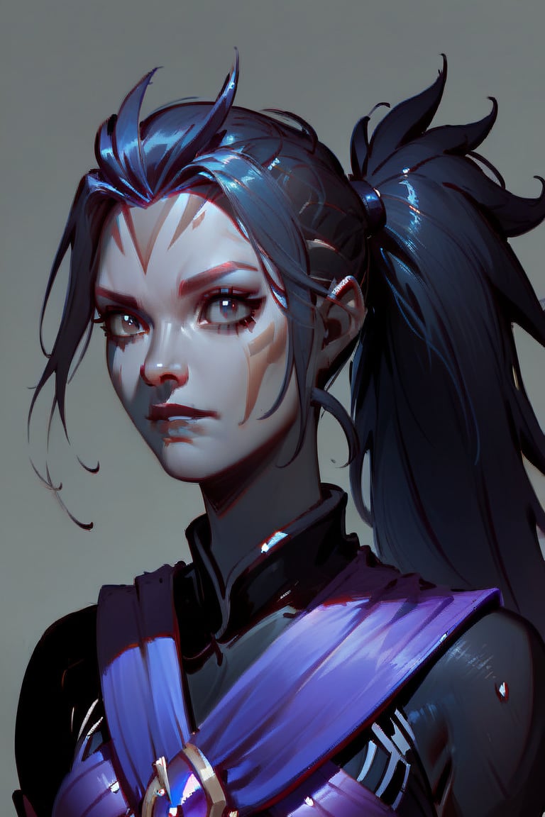 score_9, score_8_up, score_7_up, 1girl, Elena, portrait, simple gray background, Expressiveh, concept art, dark theme,wei,antimage_persona_wei,antimage_persona_wei \(dota 2\),ponytail