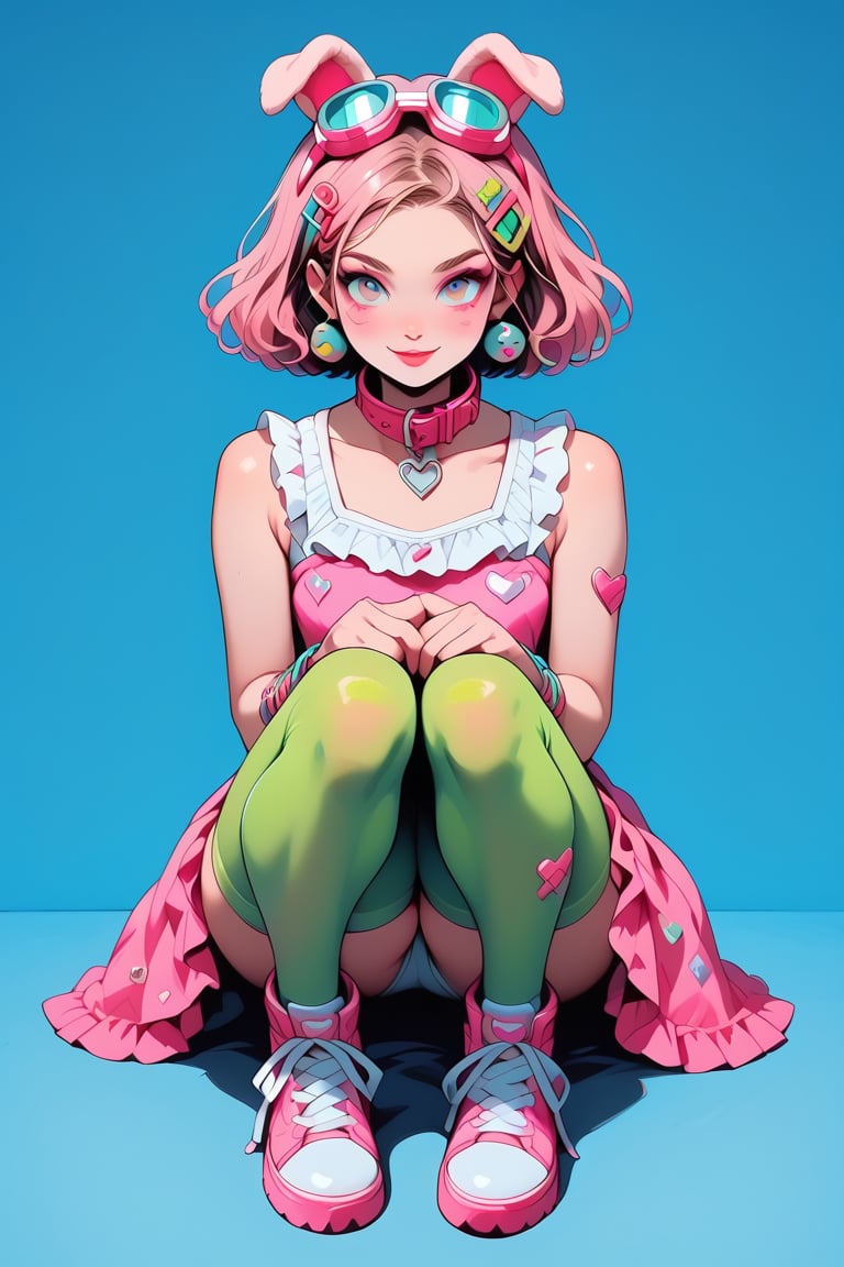 score_9, score_8_up, score_7_up, score_6_up, rating explicit, 1 girl, 20 y o, decora girl, pastle-colored clothes, pink dress with frills to the knees, green tights, plump face, little breasts, disheveled bob hairstyle, pink hair, hairpins in the shape of beige dogs on the head ears, pill-shaped hairpins on the head, wide hips, a lot of bracelets on the hands, a lot of bracelets, a soft pink dog collar, pink ski goggles hanging on the neck, soft pink makeup, glitter on the cheeks, pink shoes,  smiling, sweet, beautiful ,c0l0urc0r3,BarbieCore