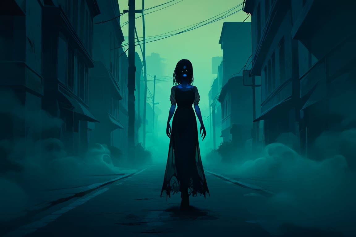 score_9, score_8_up, score_8_up,1girl, night club dress, walking along a deserted street in silent hill city, fog, smoke, unclear shadows of monsters in the depths of the fog, translucent images, fear, horror, silent hill,Sairento Hiru style,