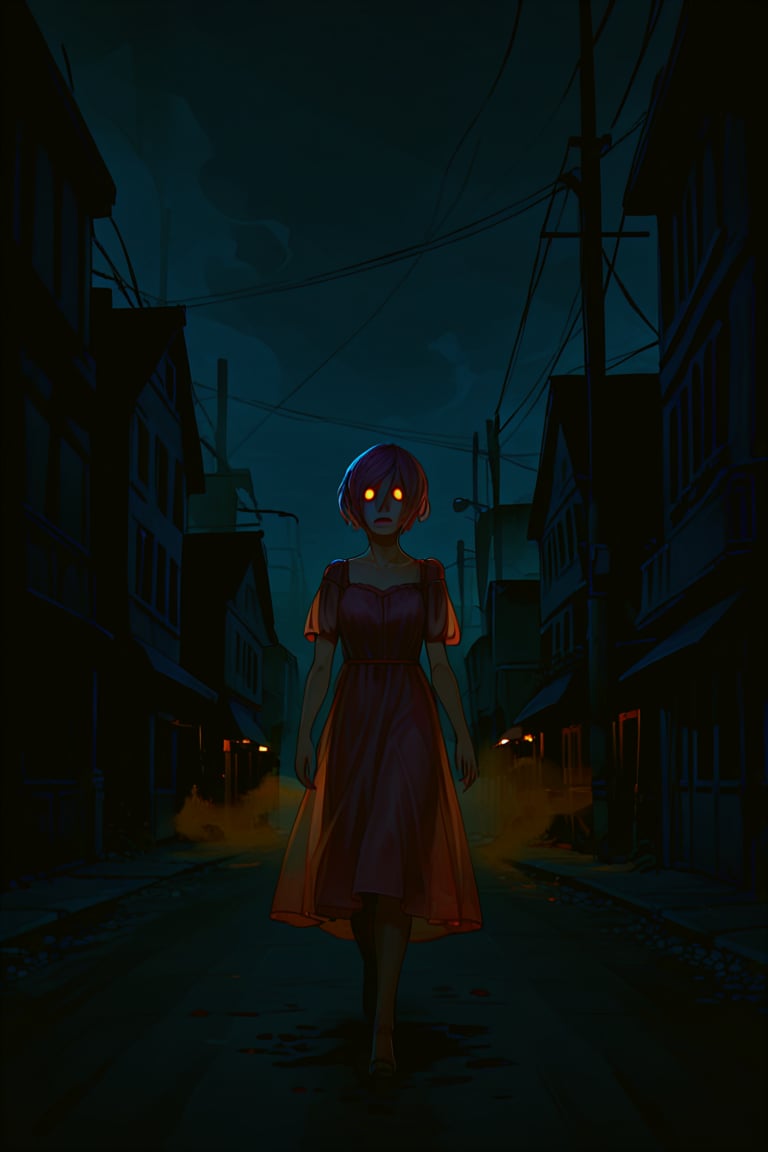 score_9, score_8_up, score_8_up,1girl, night club dress, walking along a deserted street in silent hill city, fog, smoke, unclear shadows of monsters in the depths of the fog, translucent images, fear, horror, silent hill,Sairento Hiru style,Elena, portrait, 