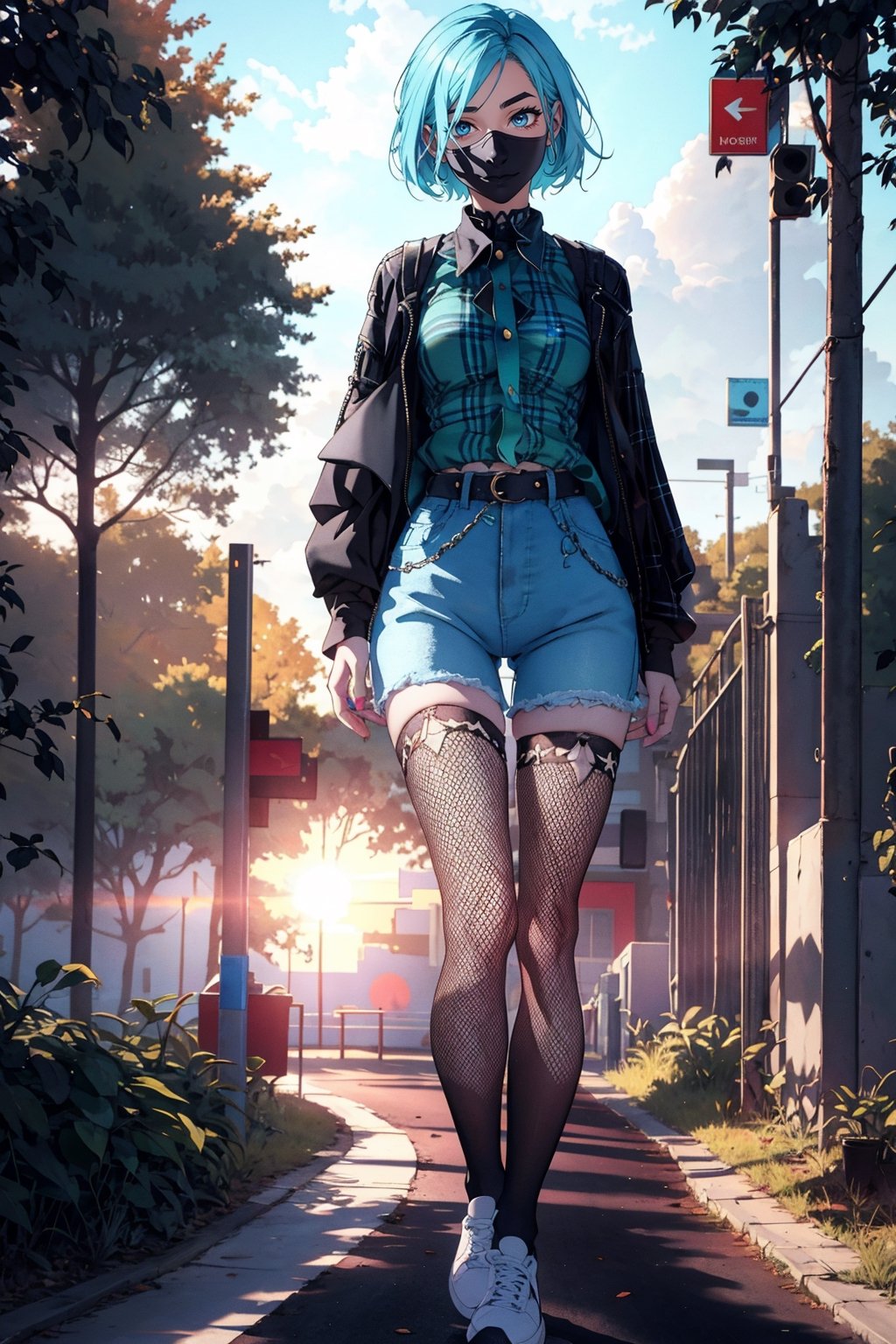 1girl 20 years old, walks in the park, short bob, light blue hair, pale skin, light green eyes, denim blue shorts, checkered red wool blouse, medical black mask on her face, white sneakers, very wide black fishnet stockings,  bags under eyes, evening, sun on the horizon, sunset, :3, full body, standing,highres, 
,fishnet pantyhose,