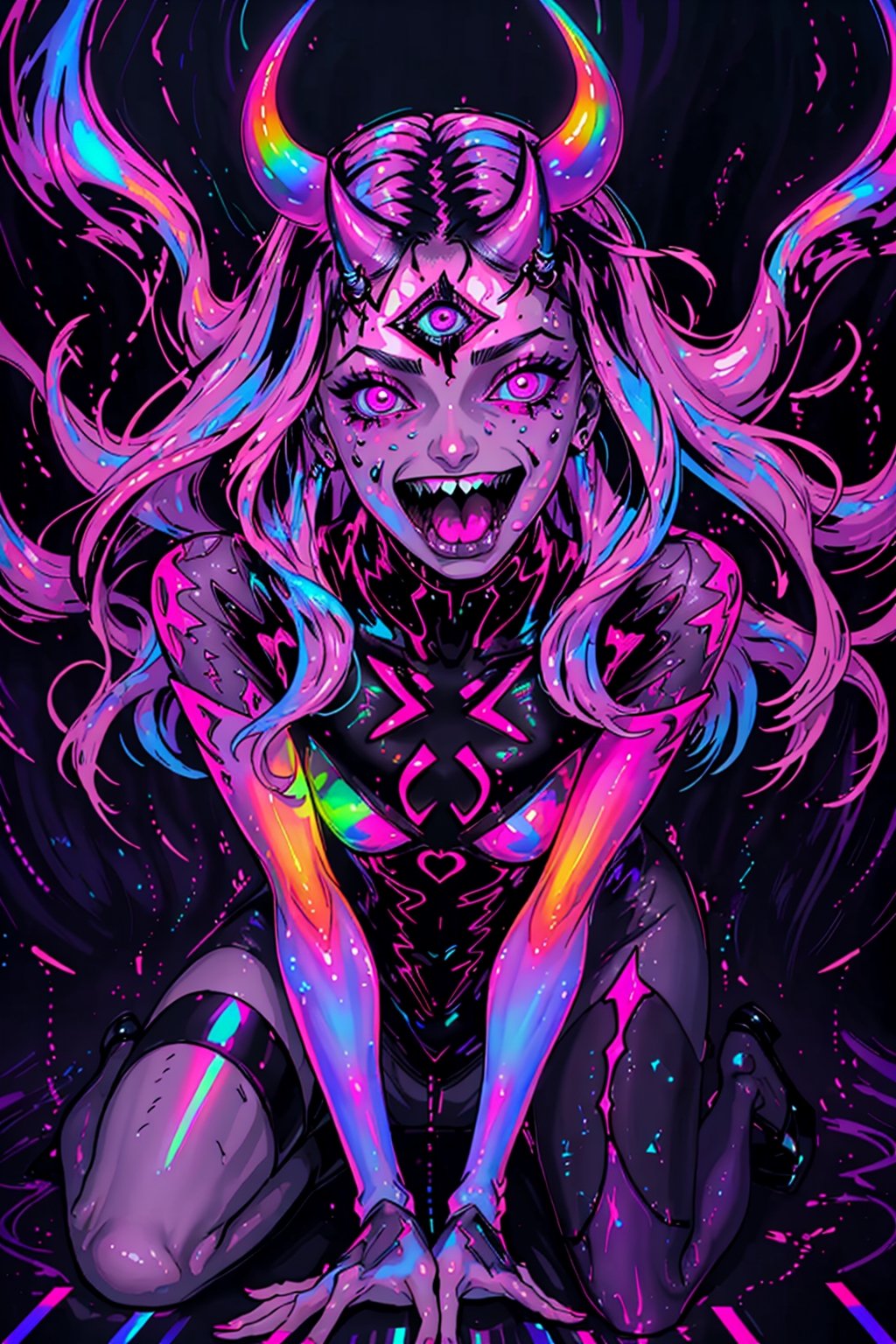 pale demon girl , (prismatic coloring, holographic vibe, chromatic:1.2) , third eye in forehead, black lace transparent blouse, under transparent clothes you can see firm breasts, bonfage clothes, massive dog collar, elegant shoes and wide fishnet stockings, full body, full body in frame, full length, flies towards you, ready to attack, attacks, wants to eat, there are a lot of very sharp teeth in the mouth, grins, the mouth is open, there are several rows of teeth in the mouth like a shark, a monster, a sexy monster, a succubus, gothic nightclub background, neon pink lights, dark, gloomy, very dark, dim neon light, in the background there are small leather sofas illuminated from below with neon, breasts visible, (long straight horns:1.2), looks at you as a victim of his sexual pleasures, dark anime,donmcr33pyn1ghtm4r3xl  ,Butcha,highres,demonic third eye,DonMCr33pyN1ghtm4r3 ,Female,disgusting body horror