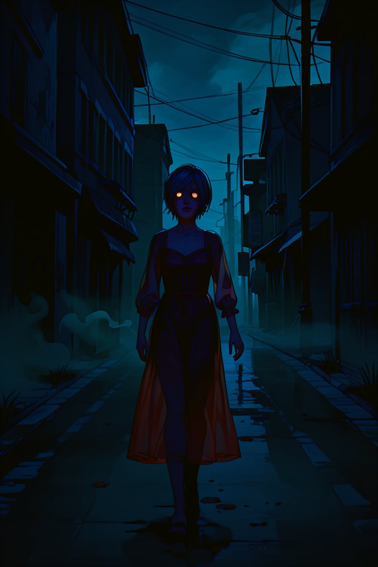 score_9, score_8_up, score_8_up,1girl, night club dress, walking along a deserted street in silent hill city, fog, smoke, unclear shadows of monsters in the depths of the fog, translucent images, fear, horror, silent hill,Sairento Hiru style,Elena