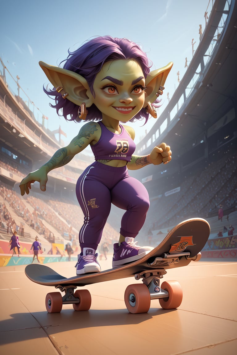 score_9,score_8_up,score_7_up,score_6_up, skateboarding event, 
goblin girl on large skateboad, number tag, leading competiton in background, stadium skateboard ramp , fast, view from side, paris, 2024, fantasy,green skin, purple bob hair, pointy ears, lots of earrings and ear piercings, tattoos, Olympic sportswear, short, dwarf, halfling,sports purple pants, sports purple top, purple sneakers, magical amulets on the arms and legs, amulets glow with magic, skateboard, correct skateboard,skate ramp,stworki,Goblin,short stature, shortstack, pointed ears