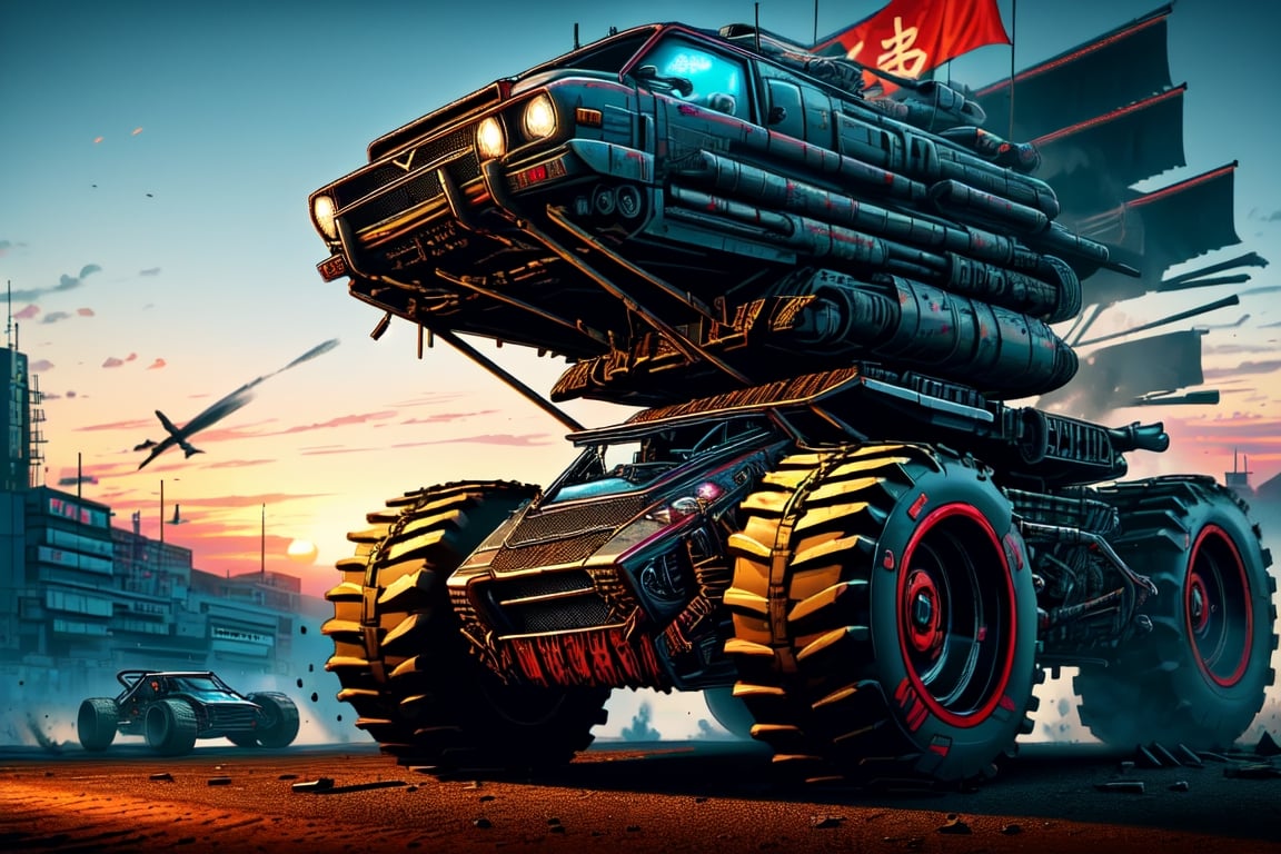 A 6-wheel off-road Formula 1 car on large off-road wheels with a lifted suspension rides along a post-apocalyptic Formula 1 track among mangled and broken rusty cars, a machine gun is installed on the hood of the car, a massive protective plate like a shell hurts at the back,car,vehicle,science fiction,DonMN1gh7XL ,DonM8u663d,shinobitech