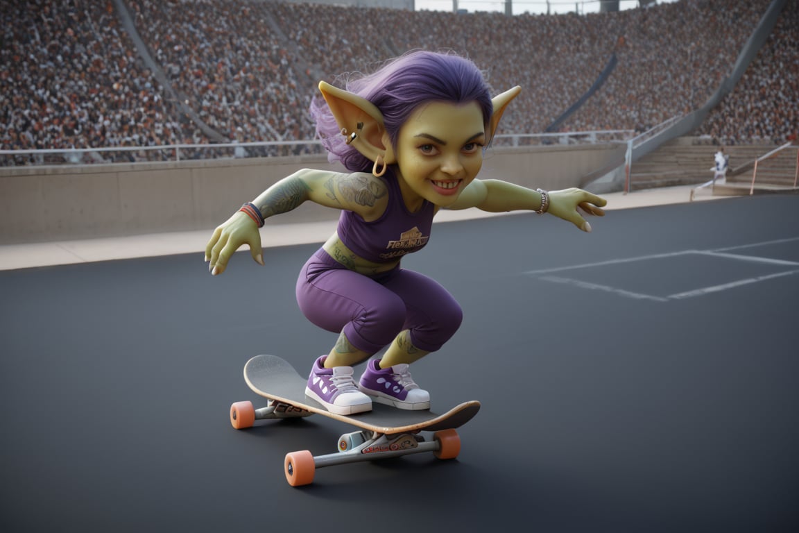 score_9,score_8_up,score_7_up,score_6_up, skateboarding event, 
goblin girl on large skateboad, number tag, leading competiton in background, stadium skateboard ramp , fast, view from side, paris, 2024, fantasy,green skin, purple bob hair, pointy ears, lots of earrings and ear piercings, tattoos, Olympic sportswear, short, dwarf, halfling,sports purple pants, sports purple top, purple sneakers, magical amulets on the arms and legs, amulets glow with magic, skateboard, correct skateboard,skate ramp,stworki,Goblin,short stature, shortstack, pointed ears