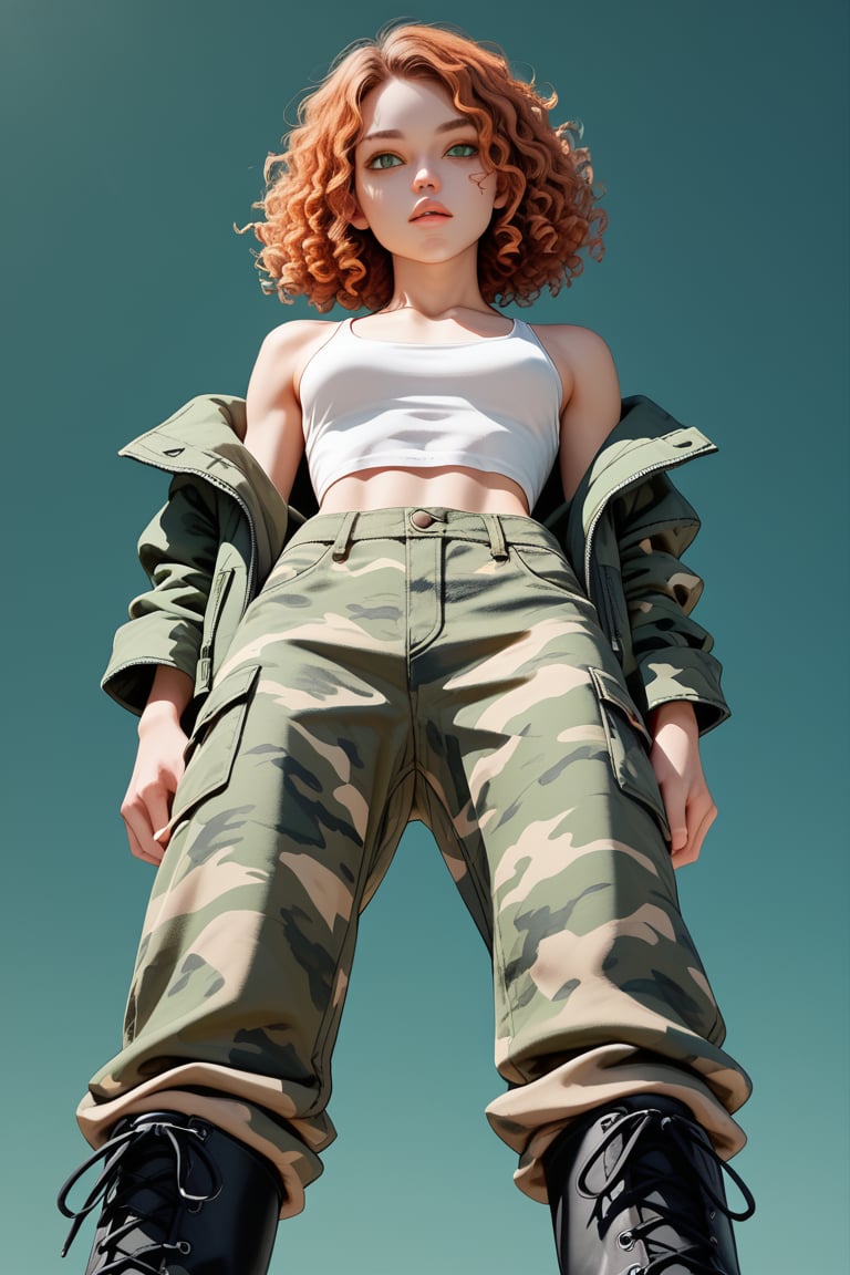 score_9, score_8_up, score_7_up, score_6_up, rating explicit, 1 girl, 20 y o, 

thin, curly orange hair of medium length, hair below shoulders, curls, curly hair, large nose, small lips, green eyes, no makeup, wearing a green camouflage jacket, a white top is visible under the jacket, wearing green camouflage pants, wearing  black army boots, black socks,