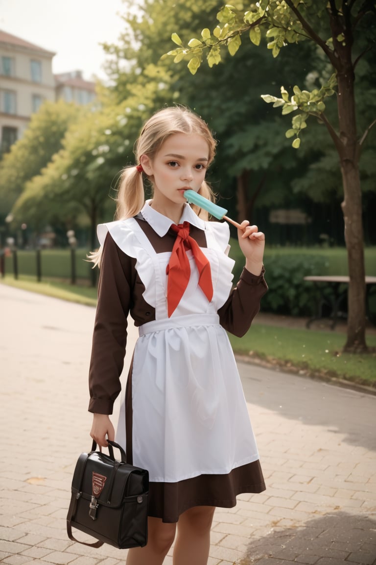 1girl,blonde,twintails,(solo:1.5),theme park.holding Popsiclewhite apron,brown dress,(long sleeves:1.1),red neckchief,cccpuniform        , score_9, score_8_up, score_7_up, score_6_up, score_5_up, score_4_up,zPDXL,CCCPuniform