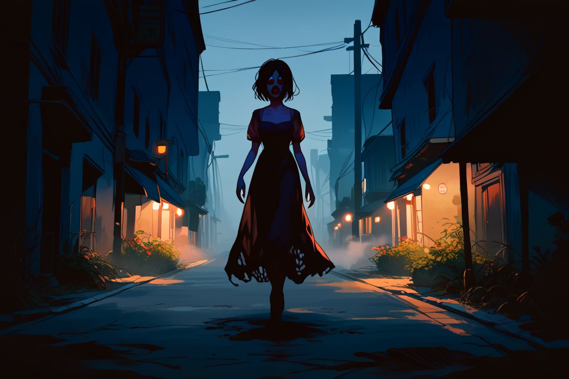 score_9, score_8_up, score_8_up,1girl, night club dress, walking along a deserted street in silent hill city, fog, smoke, unclear shadows of monsters in the depths of the fog, translucent images, fear, horror, silent hill,Sairento Hiru style,