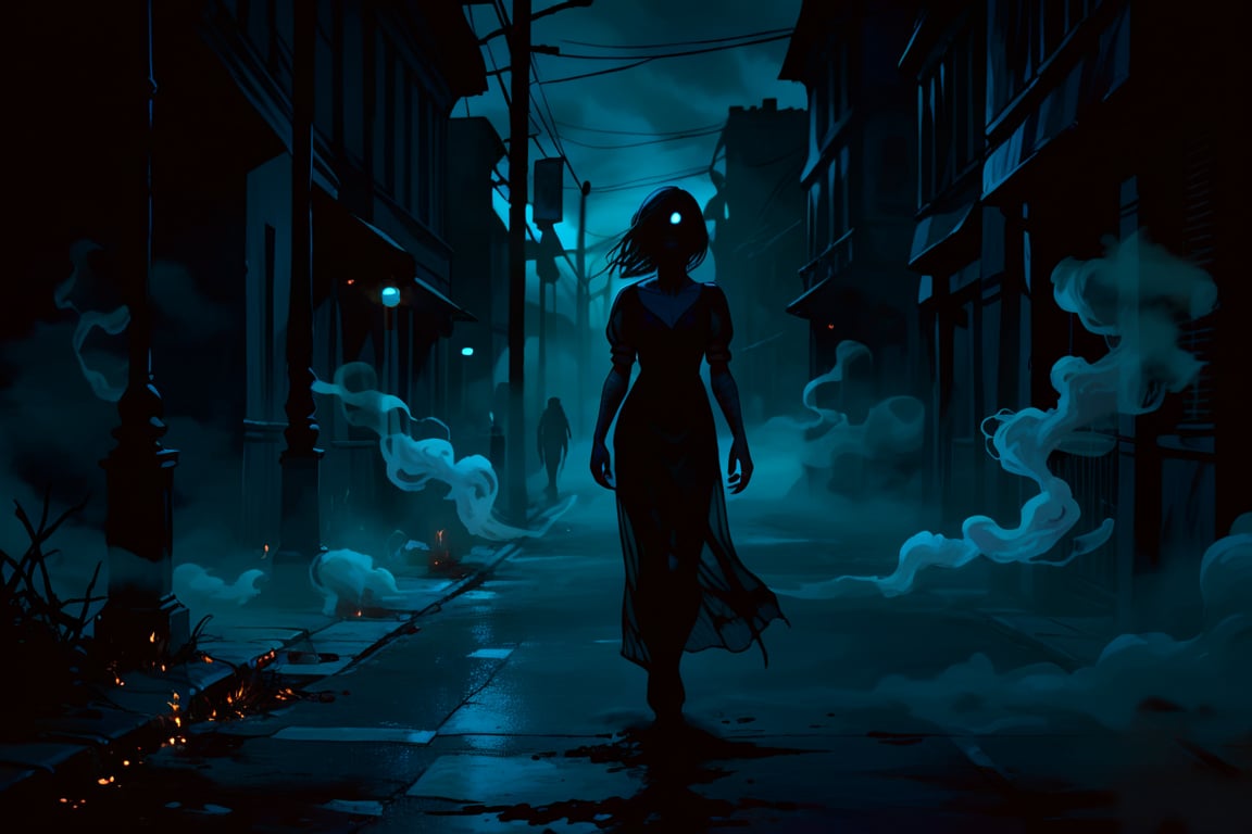 score_9, score_8_up, score_8_up,1girl, night club dress, walking along a deserted street in silent hill city, fog, smoke, unclear shadows of monsters in the depths of the fog, translucent images, fear, horror, silent hill,Sairento Hiru style,