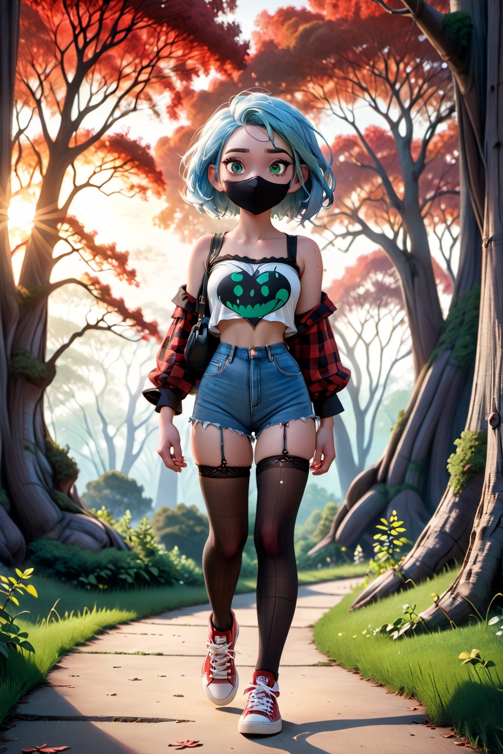 1girl 20 years old, walks in the park, short bob, light blue hair, pale skin, light green eyes, denim blue shorts, checkered red wool blouse, medical black mask on her face, white sneakers, very wide black fishnet stockings,  bags under eyes, evening, sun on the horizon, sunset, :3, full body, standing,highres, 
,DonMN1gh7XL ,disney pixar style