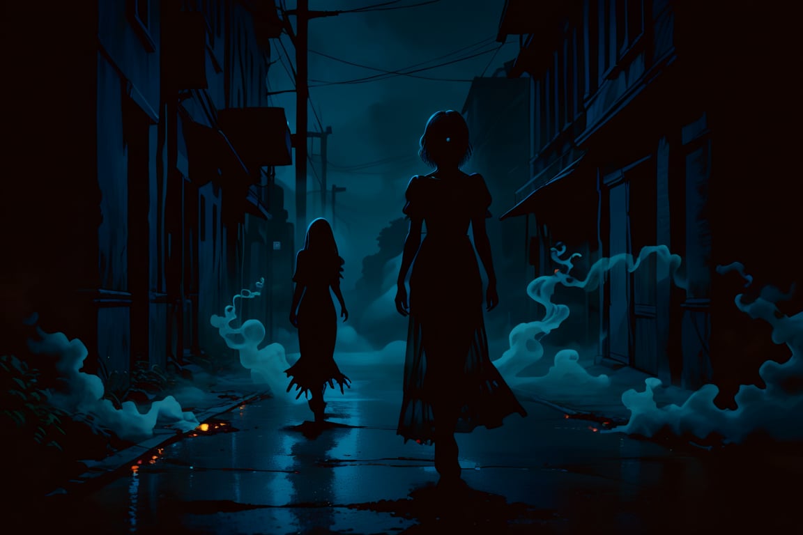 score_9, score_8_up, score_8_up,1girl, night club dress, walking along a deserted street in silent hill city, fog, smoke, unclear shadows of monsters in the depths of the fog, translucent images, fear, horror, silent hill,Sairento Hiru style,