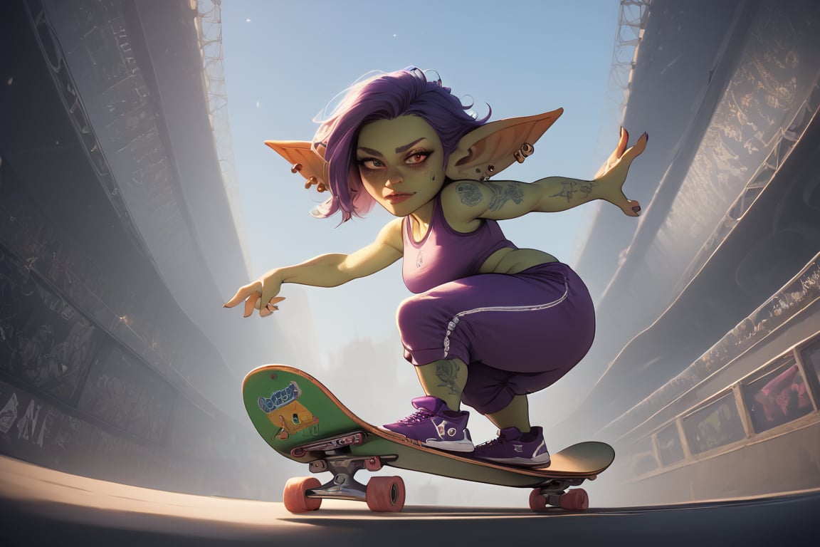 score_9,score_8_up,score_7_up,score_6_up, skateboarding event, 
goblin girl on large skateboad, number tag, leading competiton in background, stadium skateboard ramp , fast, view from side, paris, 2024, fantasy,green skin, purple bob hair, pointy ears, lots of earrings and ear piercings, tattoos, Olympic sportswear, short, dwarf, halfling,sports purple pants, sports purple top, purple sneakers, magical amulets on the arms and legs, amulets glow with magic, skateboard, correct skateboard,skate ramp,stworki,Goblin,short stature, shortstack, pointed ears