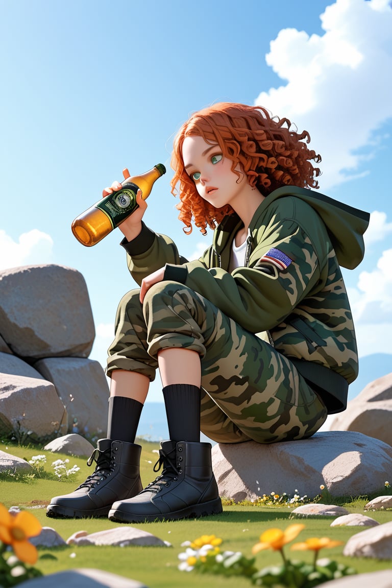 score_9, score_8_up, score_7_up, score_6_up, rating explicit, 1 girl, 20 y o, 

thin, curly orange hair of long length, hair below shoulders, curls, curly hair, large nose, small lips, green eyes, no makeup, wearing a green camouflage jacket, a white top is visible under the jacket, wearing green camouflage pants, wearing  black army boots, black socks, 

climbs a rock with a two-liter bottle of beer, rocks on the shores of Baikal, plastic bottle of beer, 2 liter large bottle of beer, beer closed, around there are blocks of stones, stones, rocks, bushes, grass, moss, flowers,