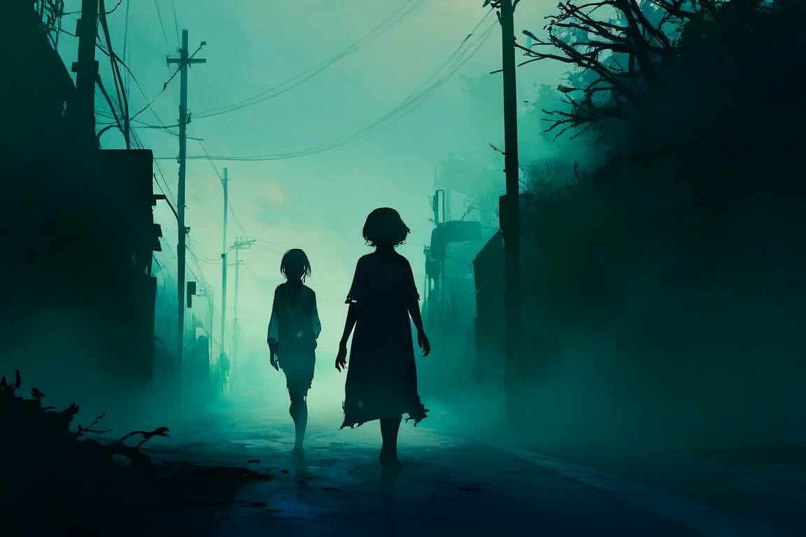 score_9, score_8_up, score_8_up,1girl, hipster clothes, walking along a deserted street in silent hill, fog, unclear shadows of monsters in the depths of the fog, translucent images, fear, horror, silent hill,Sairento Hiru style,Elena