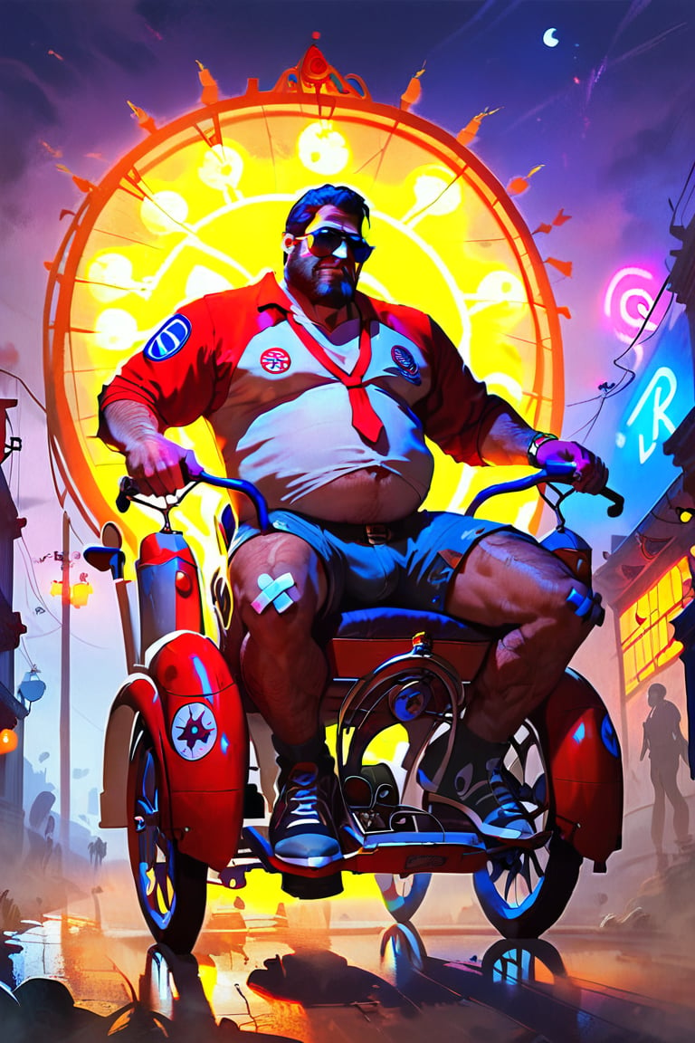 score_9, score_8_up, score_8_up, score_7_up, 1 man, (disabled person in a wheelchair:1.45), huge man, fat man, brutal men, beard, middle-aged, dressed in biker clothes and a shiny polished biker helmet, large sunglasses, disabled, broken legs, plaster on the legs, moves on a tuned wheelchair, v8 engine, super charger engine, wide tires on wheels, fire from exhaust pipes, Las Vegas street in the background, neon lights, night, casino signs, in motion,concept art, realistic,Expressiveh,dark theme