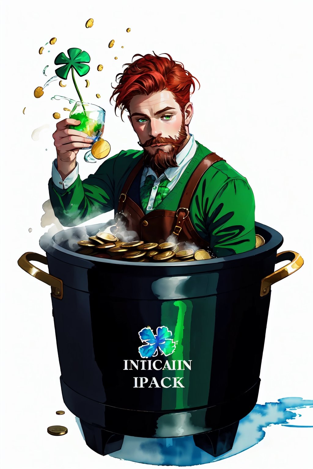 watercolor drawing of a bearded red leprechaun in national Irish clothes, at his feet there is a pot of gold with the inscription “Luck”, in the pot gold coins are poured with a slide in, pestel colors, beautiful design, style wtrcolor,WtrClr,watercolor,highres,child_draw,edgShamrock,Beard2Alpha,redhead